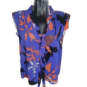 Rachel Roy Blue and Orange Floral Print Blouse M